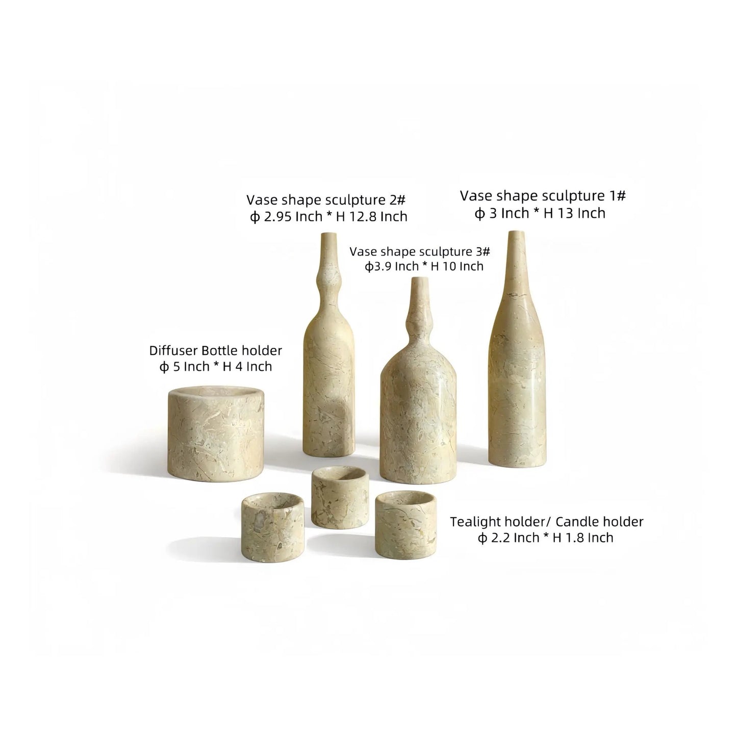 7-Piece Luxury Natural Marble Living Room Accessories Set with beige vases and holders on Tampa Home & Garden Store