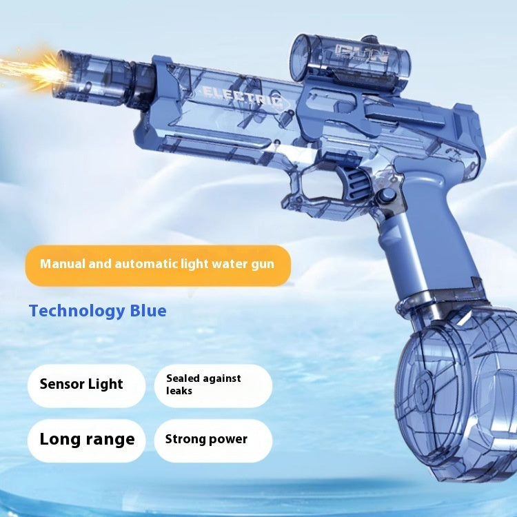 Electric water pistol in blue translucent design with full-automatic light features for kids on Tampa Home & Garden Store