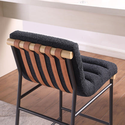 Lahni Boucle Counter Height Chair dark boucle fabric with tan leather straps HouseOfZazla on Tampa Home & Garden Store
