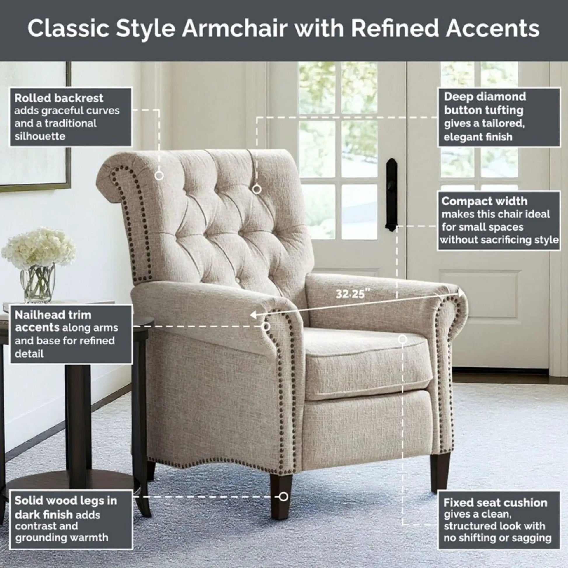 Unique Piece Furniture Aidan cream push-back recliner chair with tufted back and nailhead trim on Tampa Home & Garden Store