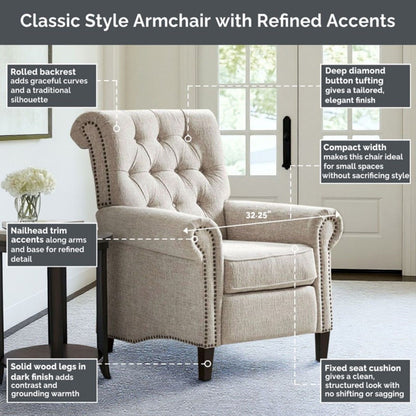Aidan cream push-back recliner chair by HouseOfZazla with tufted back and nailhead trim on Tampa Home & Garden Store