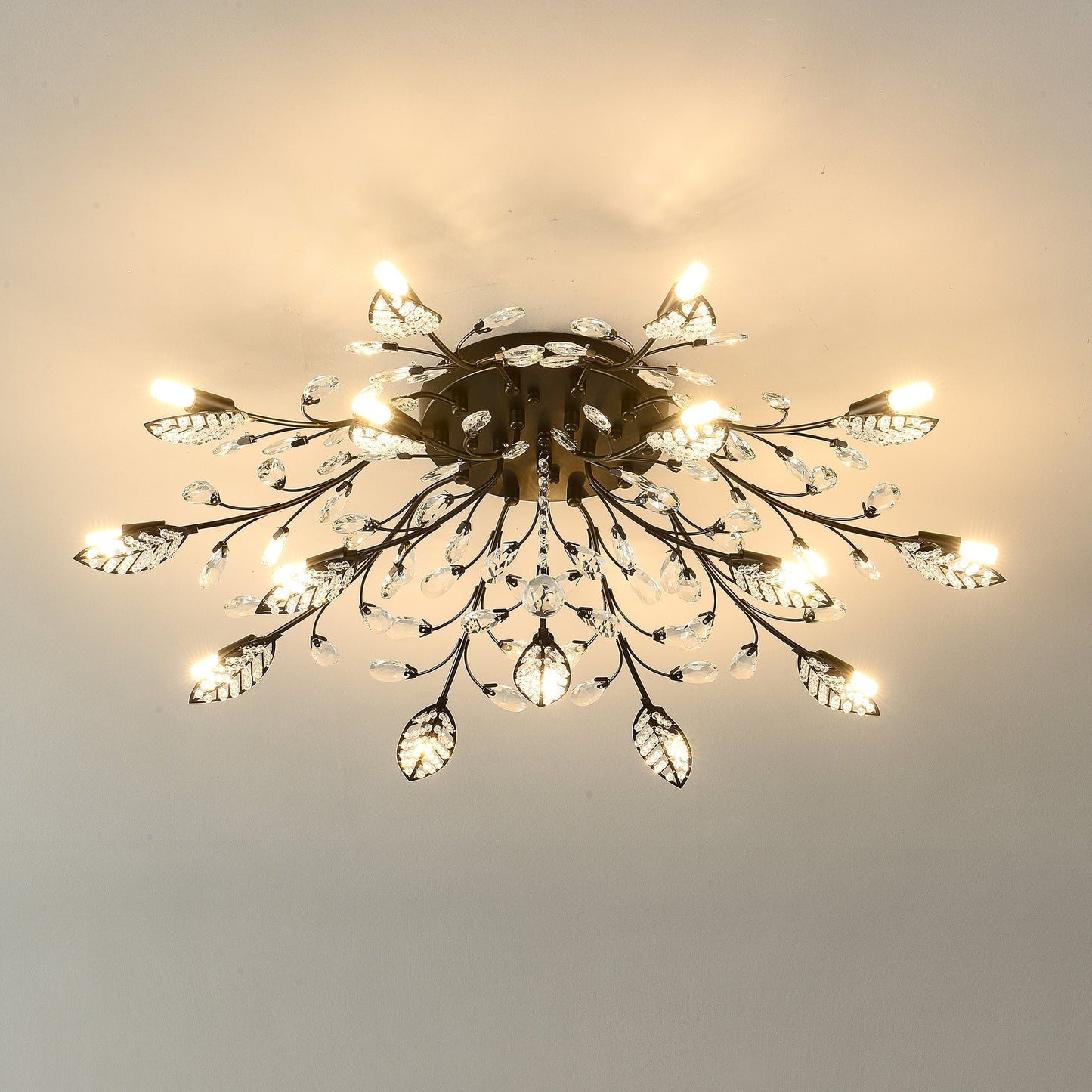 15-Light Crystal Chandelier Ceiling Lamp by HouseOfZazla, black metal frame with dangling crystal droplets on Tampa Home & Garden Store