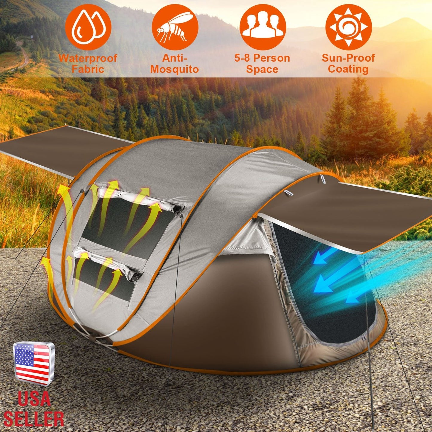 GemGear 3-4 Person Pop Up Camping Tent with waterproof fabric orange trim mosquito mesh windows on Tampa Home & Garden Store
