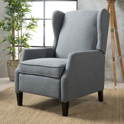Westeros Wing Back Recliner gray fabric with nailhead trim wood legs Unique Piece Furniture on Tampa Home & Garden Store
