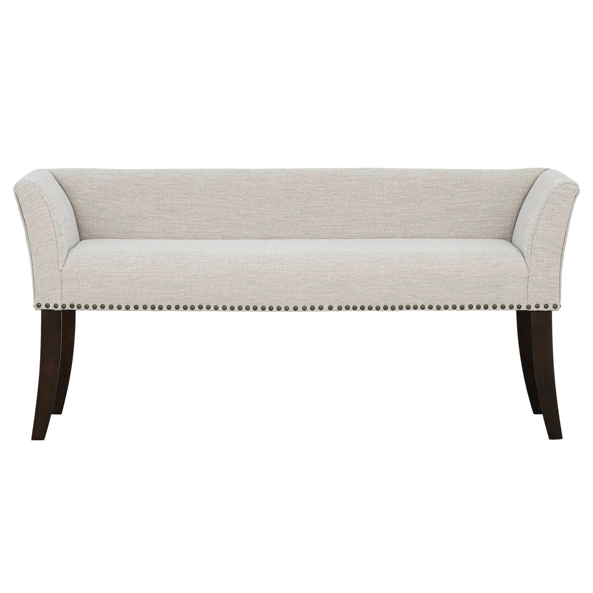 Welburn upholstered bench beige fabric with low back, flared arms, nailhead trim, dark wood legs on Tampa Home & Garden Store