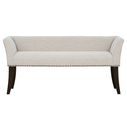 Welburn upholstered bench beige fabric with low back, flared arms, nailhead trim, dark wood legs on Tampa Home & Garden Store