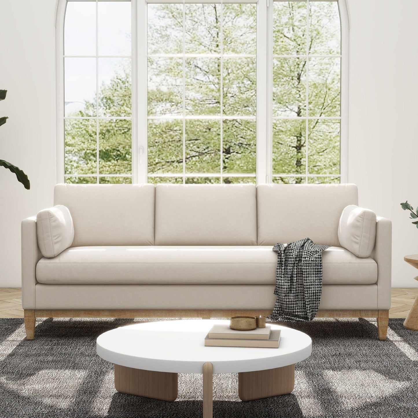 Knox Modern Farmhouse Sofa by HouseOfZazla, beige stationary sofa with light wood legs on Tampa Home & Garden Store