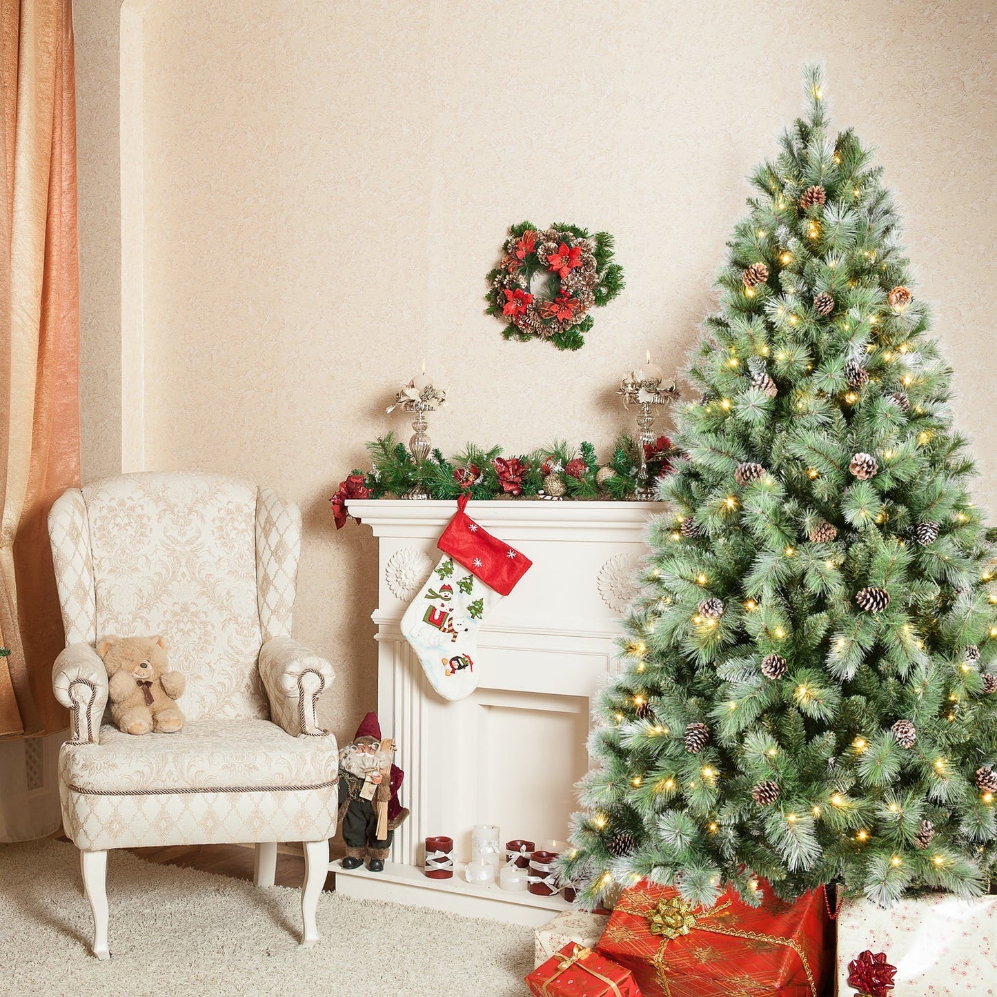 8 Ft The Full-Bodied Pre-Decorated Pinecone Christmas Tree HouseOfZazla with pinecones and lights on Tampa Home & Garden Store