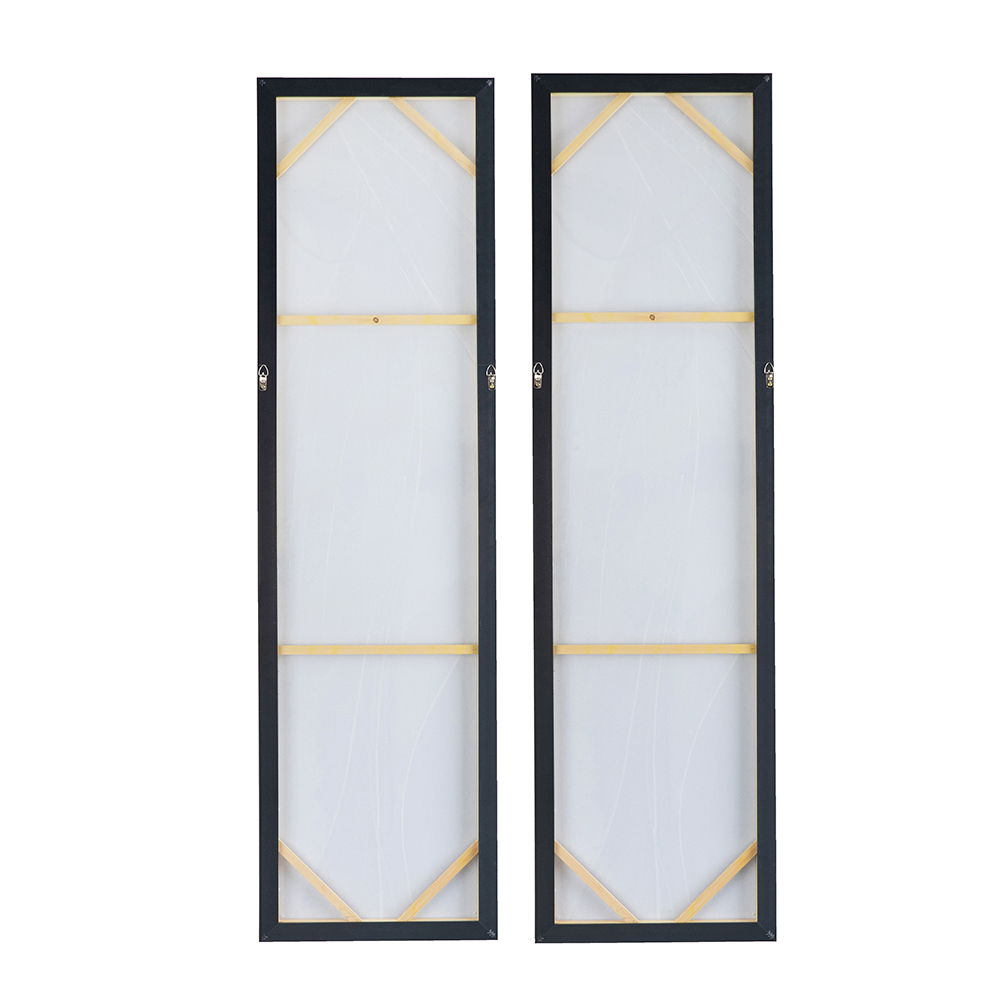 Elongated modern abstract oil paintings set of 2 on canvas with black frames and gold cross accents on Tampa Home & Garden Store