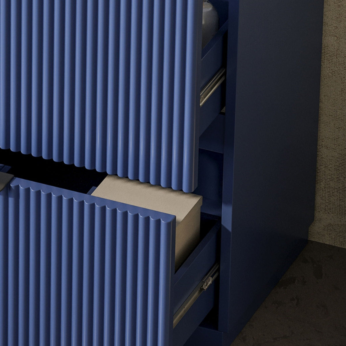 Fluted Bathroom Vanity and Ceramic Sink Unit blue ribbed panels; open drawer reveals slides on Tampa Home & Garden Store