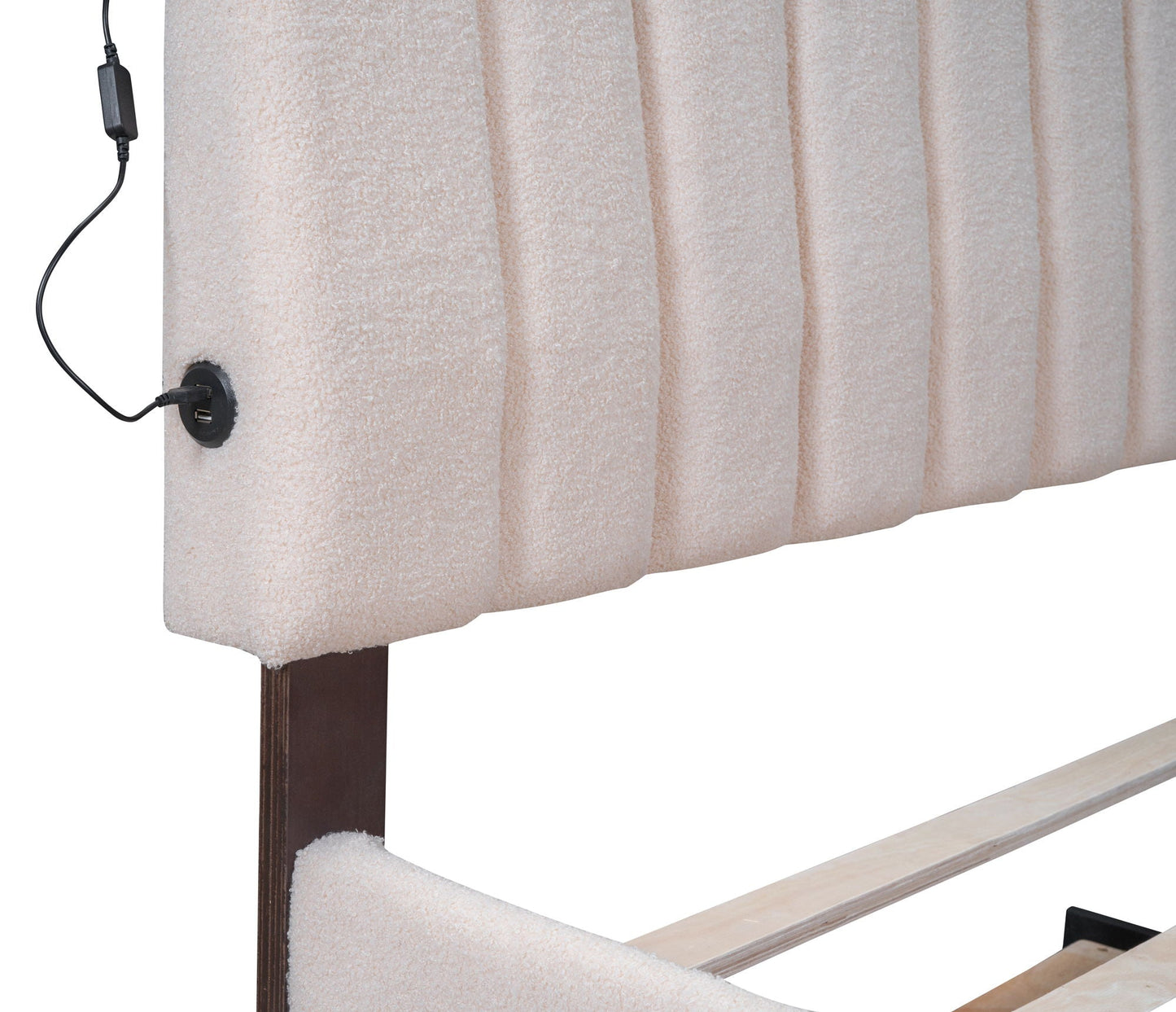 Beige upholstered platform bed with trundle and dark wood legs on Tampa Home & Garden Store