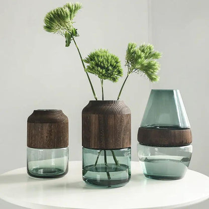 Log Solid Wood Transparent Glass Vase set of 3 with wood caps and teal glass by FLIPSTYLEZLLC on Tampa Home & Garden Store