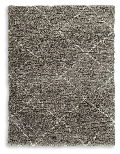 Wrenlow Area Rug, grey shag with white geometric lattice pattern by Unique Piece Furniture on Tampa Home & Garden Store