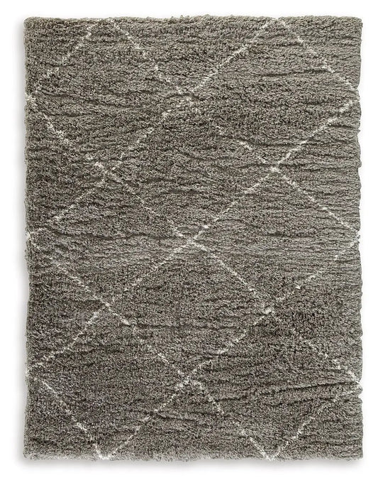 Wrenlow Area Rug, grey shag with white geometric lattice pattern by Unique Piece Furniture on Tampa Home & Garden Store