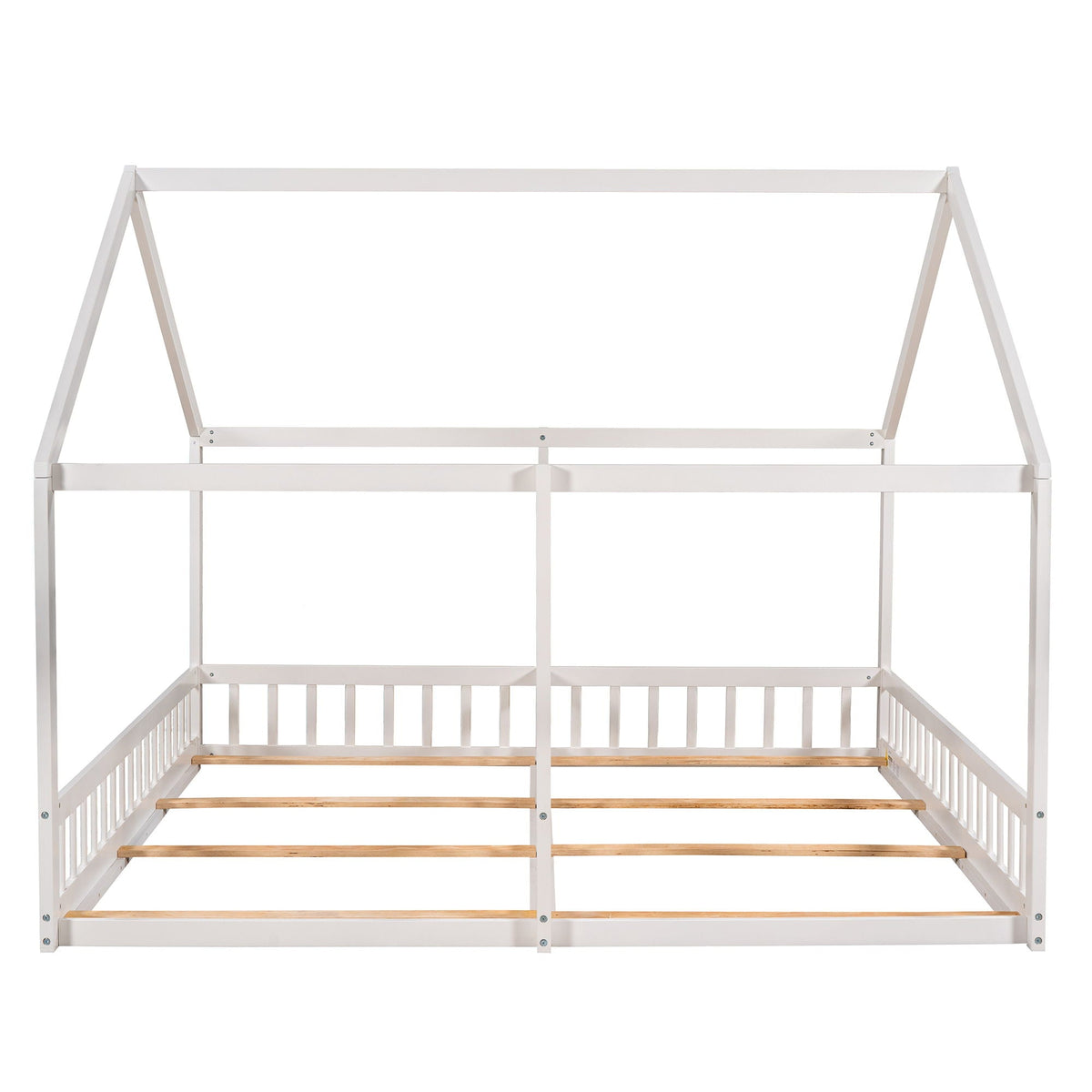 HouseOfZazla white metal two-bed platform bed frame with guardrails and wooden slats on Tampa Home & Garden Store