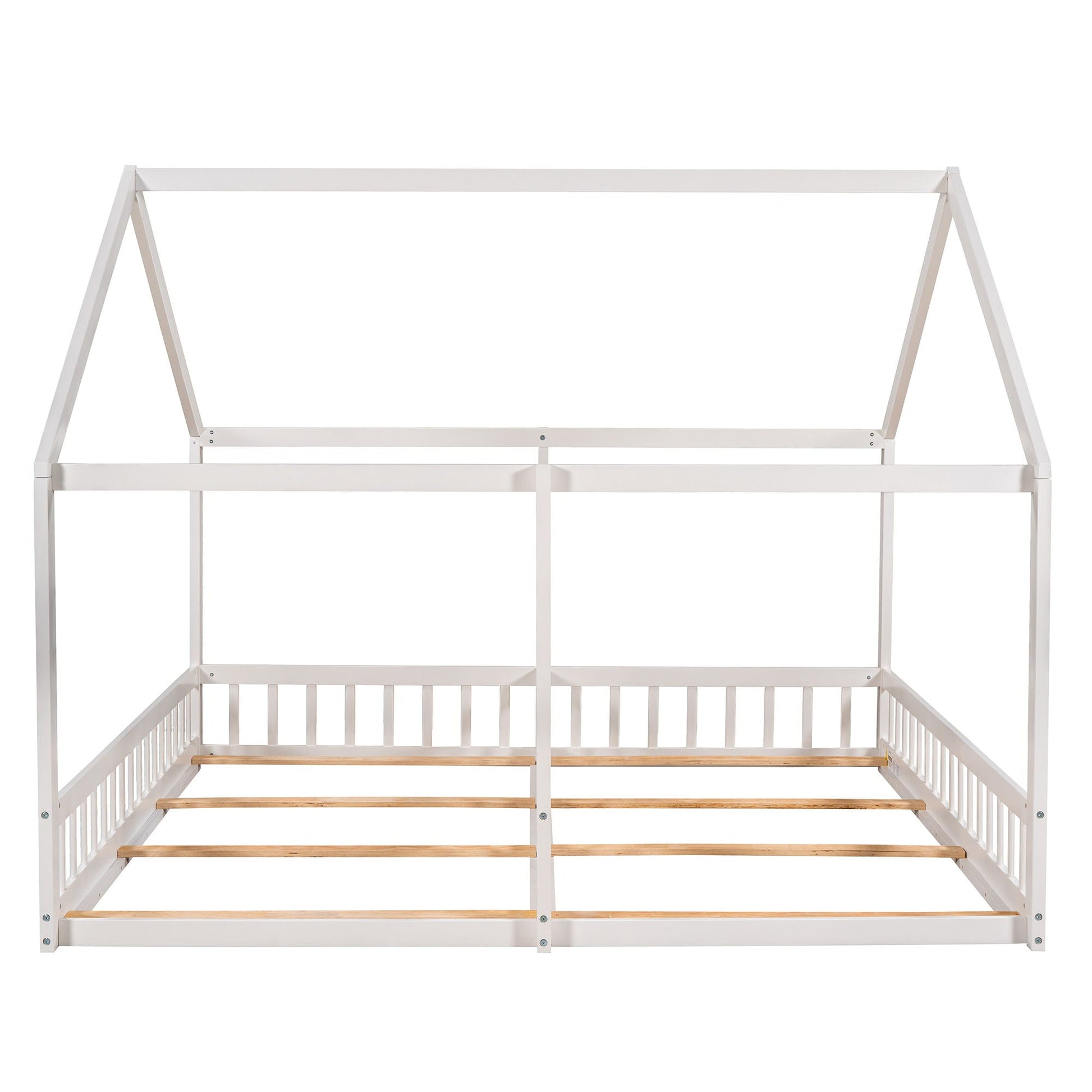 HouseOfZazla white metal two-bed platform bed frame with guardrails and wooden slats on Tampa Home & Garden Store