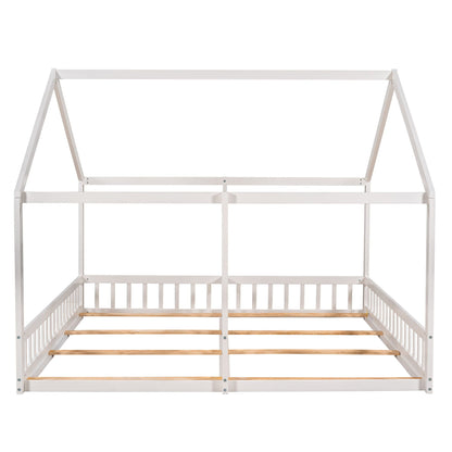 HouseOfZazla white metal two-bed platform bed frame with guardrails and wooden slats on Tampa Home & Garden Store