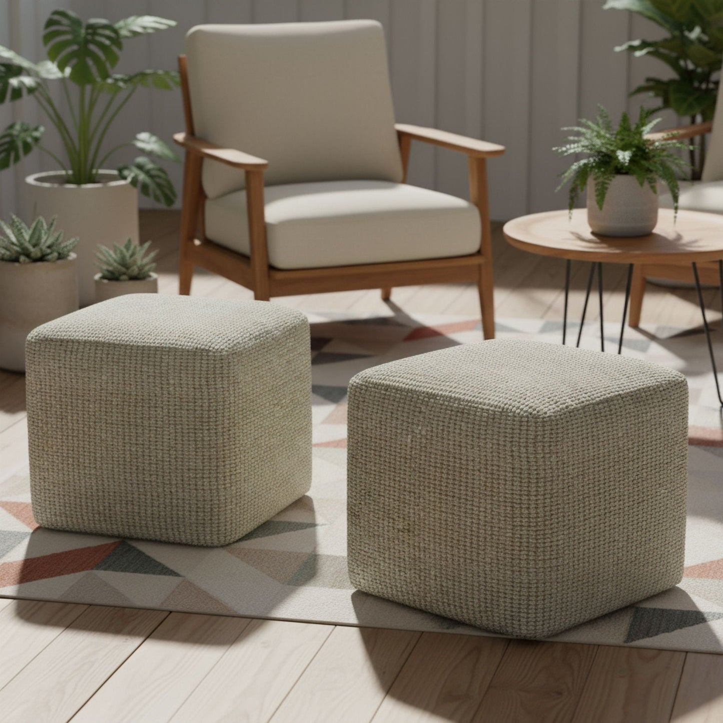 Zelma Woven Outdoor and Indoor Pouf Cream
