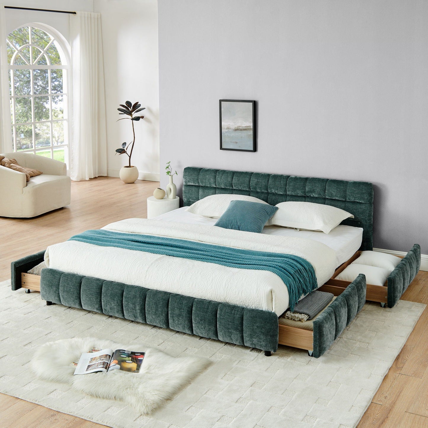 Modern Platform Bed and Thick Fabric Headboard