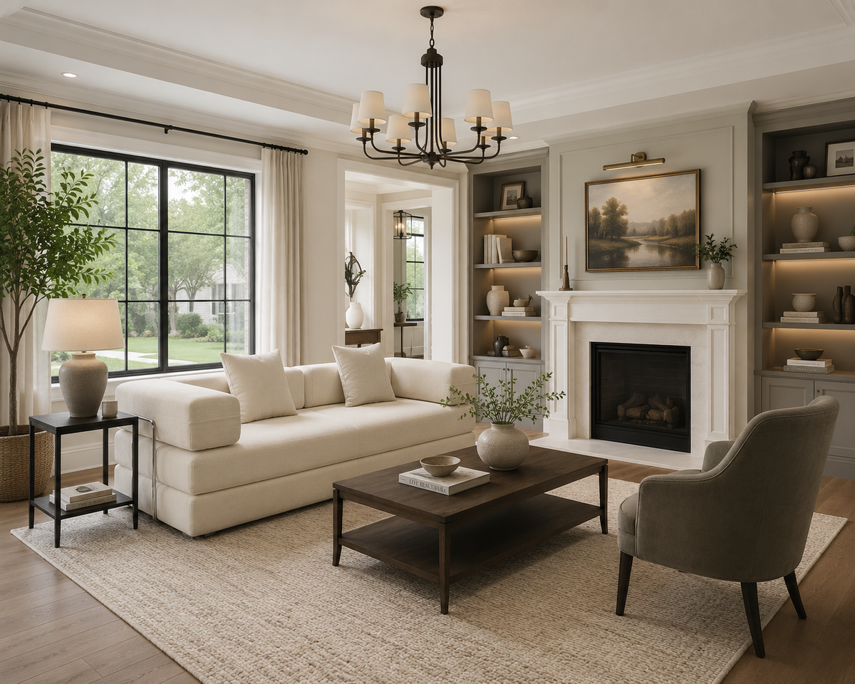 Double Sofa Bed in beige fabric with neutral decor and fireplace in a bright living room on Tampa Home & Garden Store