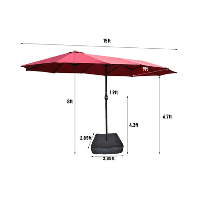 Double-Sided Outdoor Market Umbrella by HouseOfZazla with red canopy, lights, sturdy base on Tampa Home & Garden Store