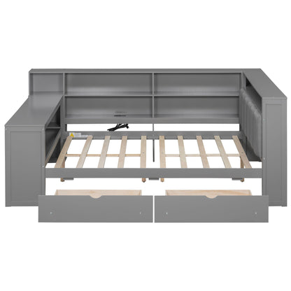 Platform bed in gray metal with built-in storage shelves, two drawers, and desk extension by HouseOfZazla on Tampa Home & Garden Store