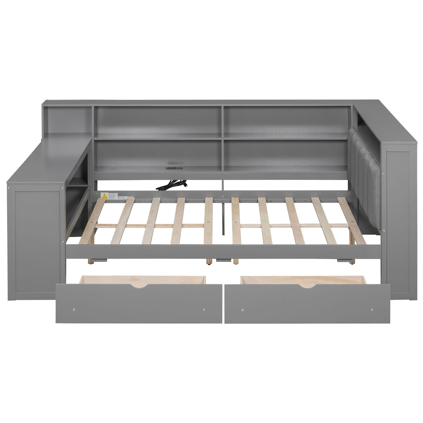 Platform bed with gray upholstered headboard, built-in desk and storage shelves with drawers on Tampa Home & Garden Store