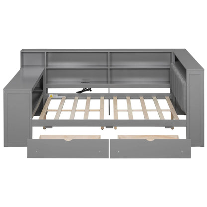 Platform Bed with Storage Shelves, Drawers, LED