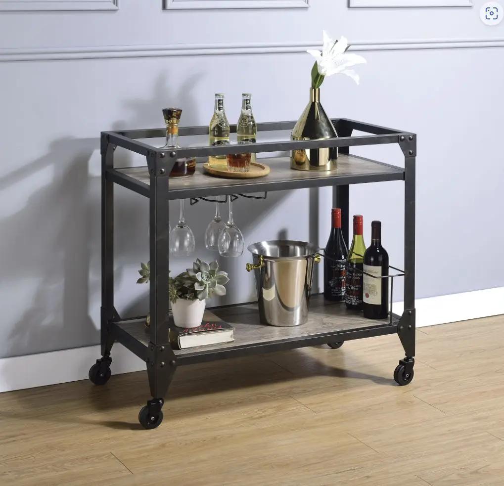 Jorgensen Serving Cart, rustic oak shelves with charcoal metal frame on casters on Tampa Home & Garden Store