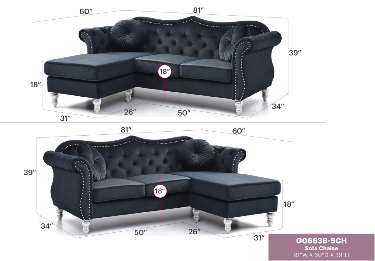 Hollywood Glam Sofa Chaise and Tufted Nailhead