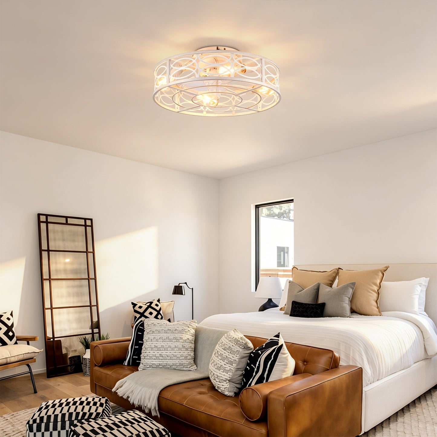 HouseOfZazla 20-inch caged ceiling fan with lights and remote, white metal cage in bedroom on Tampa Home & Garden Store
