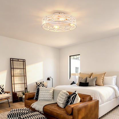 HouseOfZazla 20-inch caged ceiling fan with lights and remote, white metal cage in bedroom on Tampa Home & Garden Store