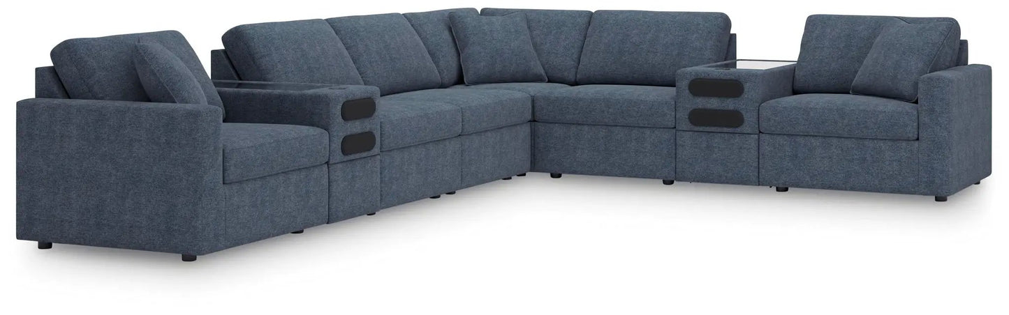 Modmax sectional sofa ink blue fabric, modular seating with cup-holder armrests on Tampa Home & Garden Store