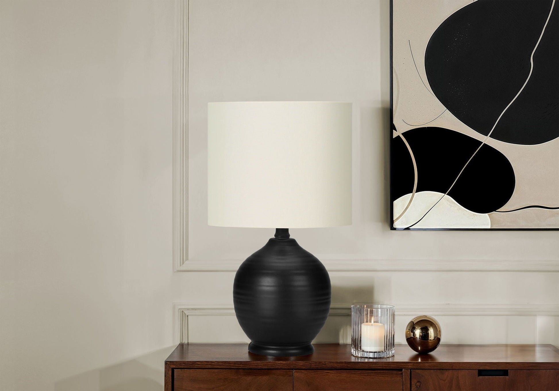 1 black ceramic table lamp with white cylindrical shade, transitional style on Tampa Home & Garden Store