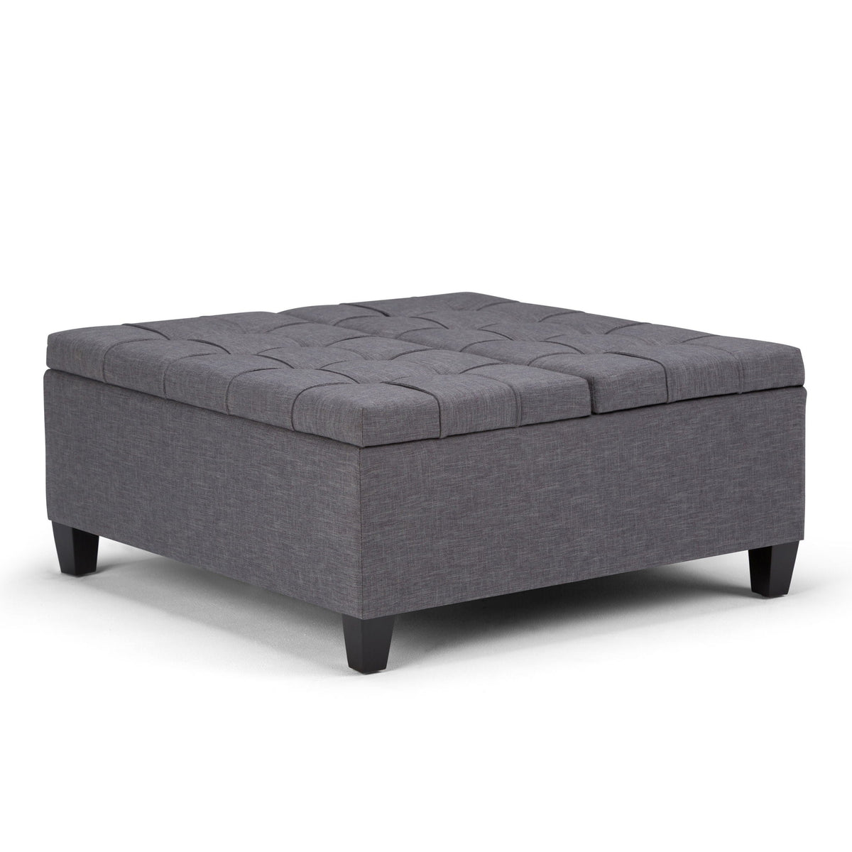 Harrison Tufted Lift Top and Storage Ottoman, gray fabric with tufted lid and dark legs on Tampa Home & Garden Store