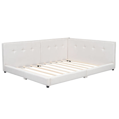 White upholstered platform bed frame with tufted headboard and wooden slats HouseOfZazla on Tampa Home & Garden Store