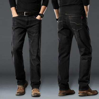 FLIPSTYLEZLLC high-elastic men's straight loose denim jeans in dark wash, front and back on Tampa Home & Garden Store