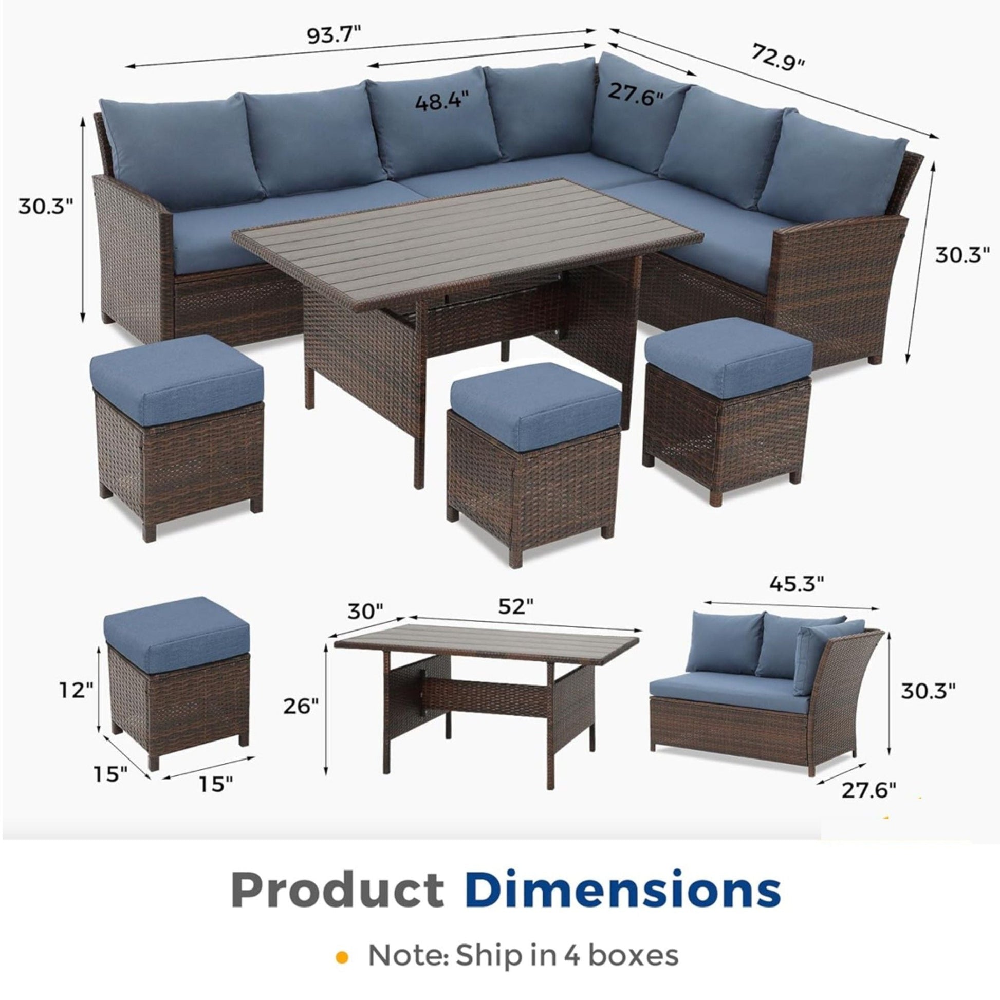7 Piece Patio Dining Set with Cushions in brown wicker with blue cushions and storage table on Tampa Home & Garden Store