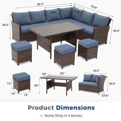 7 Piece Patio Dining Set with Cushions in brown wicker with blue cushions and storage table on Tampa Home & Garden Store