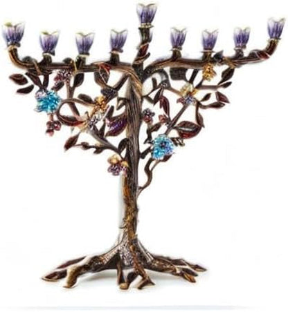 Elegant Hanukkah Menorah with Hand-Painted Flower Vine Design & Crystal Embellishments