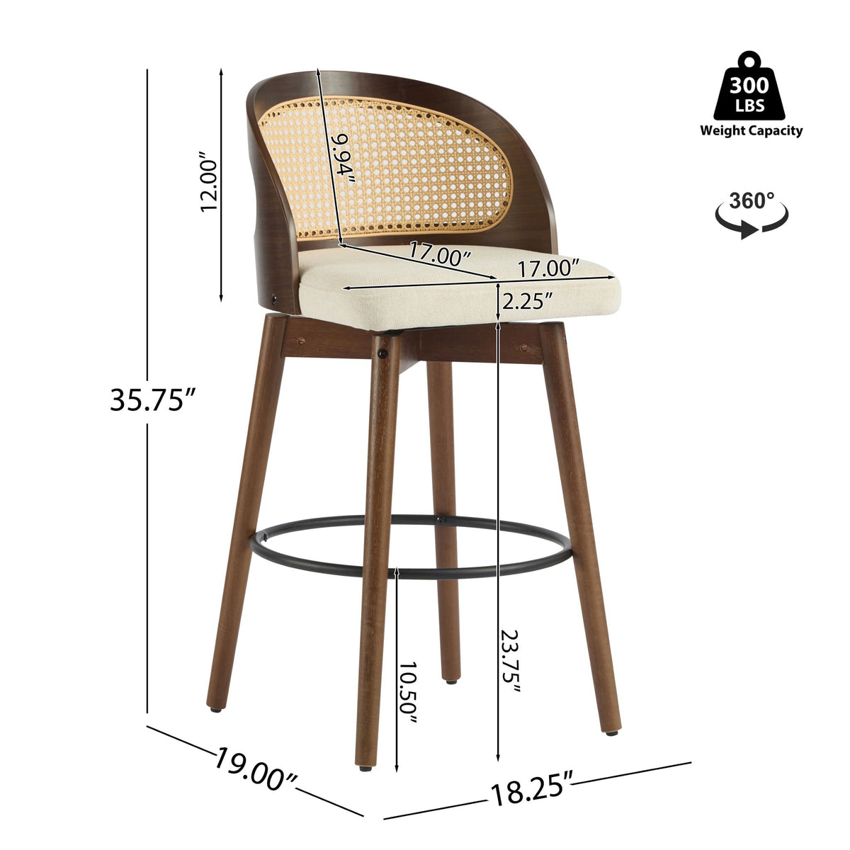 Como wood barstool set of 2 with rattan backrest and black frame by HouseOfZazla on Tampa Home & Garden Store