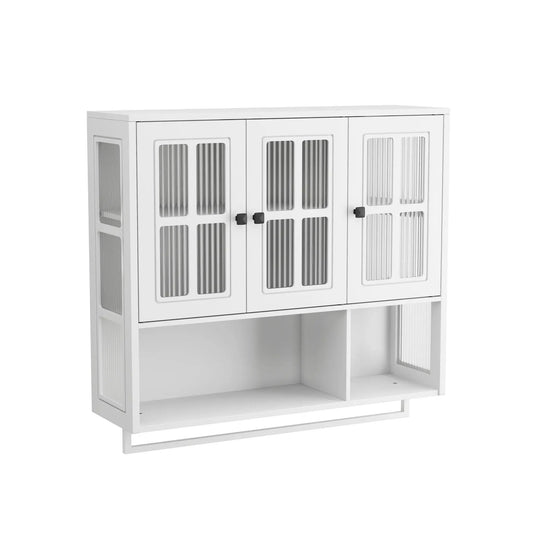 3-Door wall cabinet with glass panel doors and towel bar by Unique Piece Furniture in white on Tampa Home & Garden Store