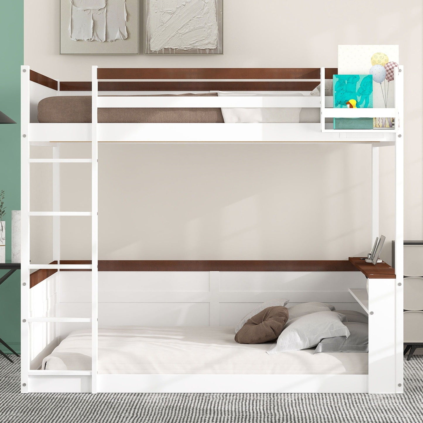White bunk bed with brown accents, built-in shelves and USB/LED lighting by HouseOfZazla on Tampa Home & Garden Store
