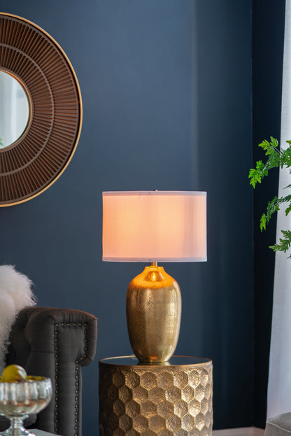 D15x25.7' round gold aluminum table lamp with white fabric shade, HouseOfZazla on Tampa Home & Garden Store