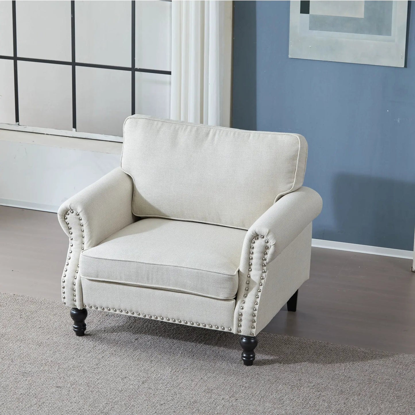 Rolled arm sofa with nailhead trim cream upholstery, 1-seater with wooden legs, Unique Piece Furniture on Tampa Home & Garden Store