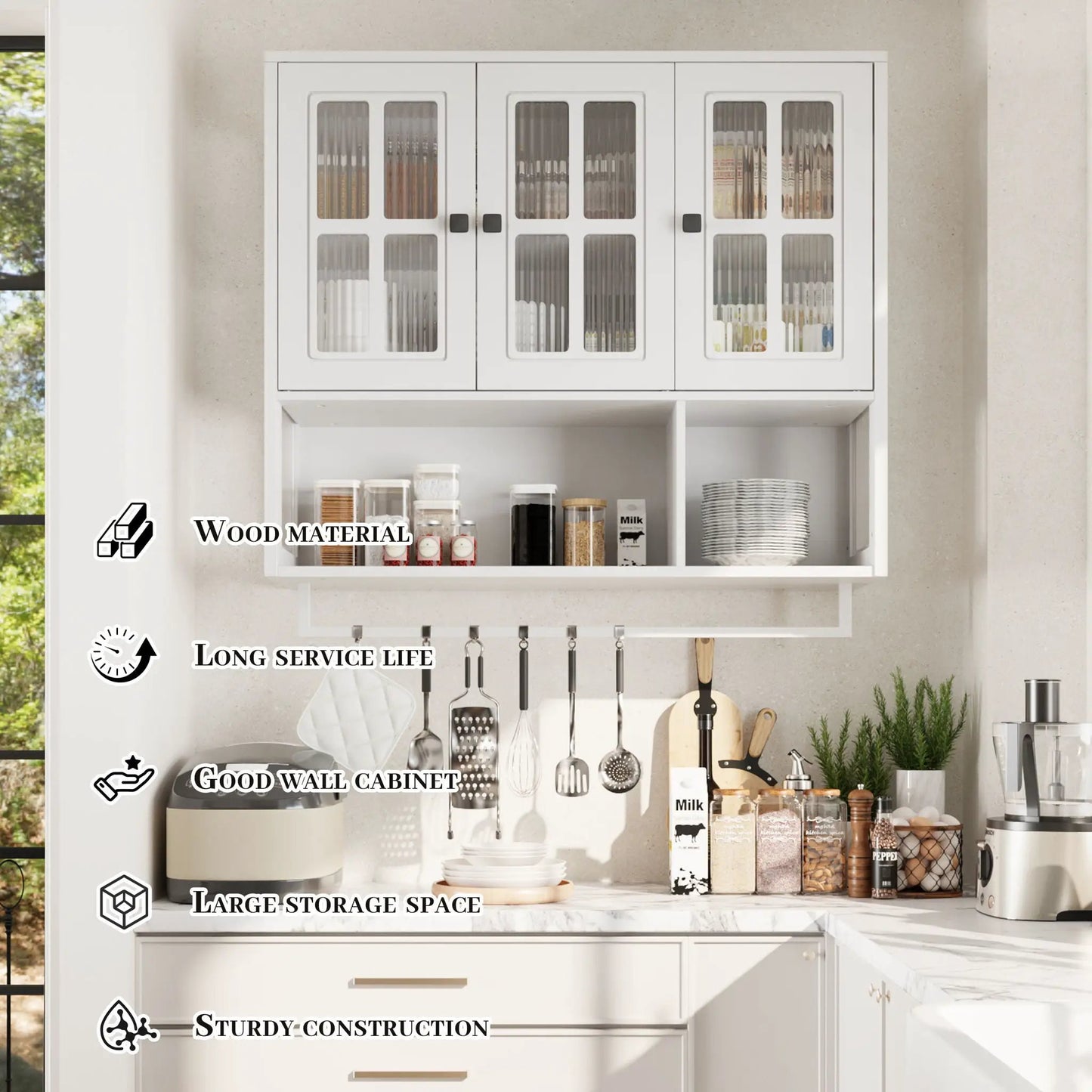 3-Door White Wall Cabinet with glass doors and towel bar by Unique Piece Furniture on Tampa Home & Garden Store