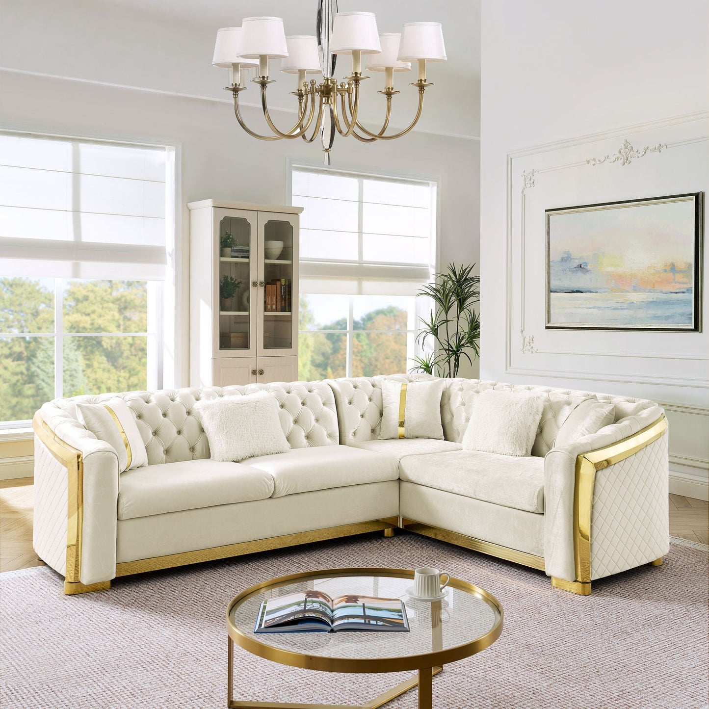 L-shaped Chesterfield sofa in cream tufted fabric with gold-tone metal accents HouseOfZazla on Tampa Home & Garden Store
