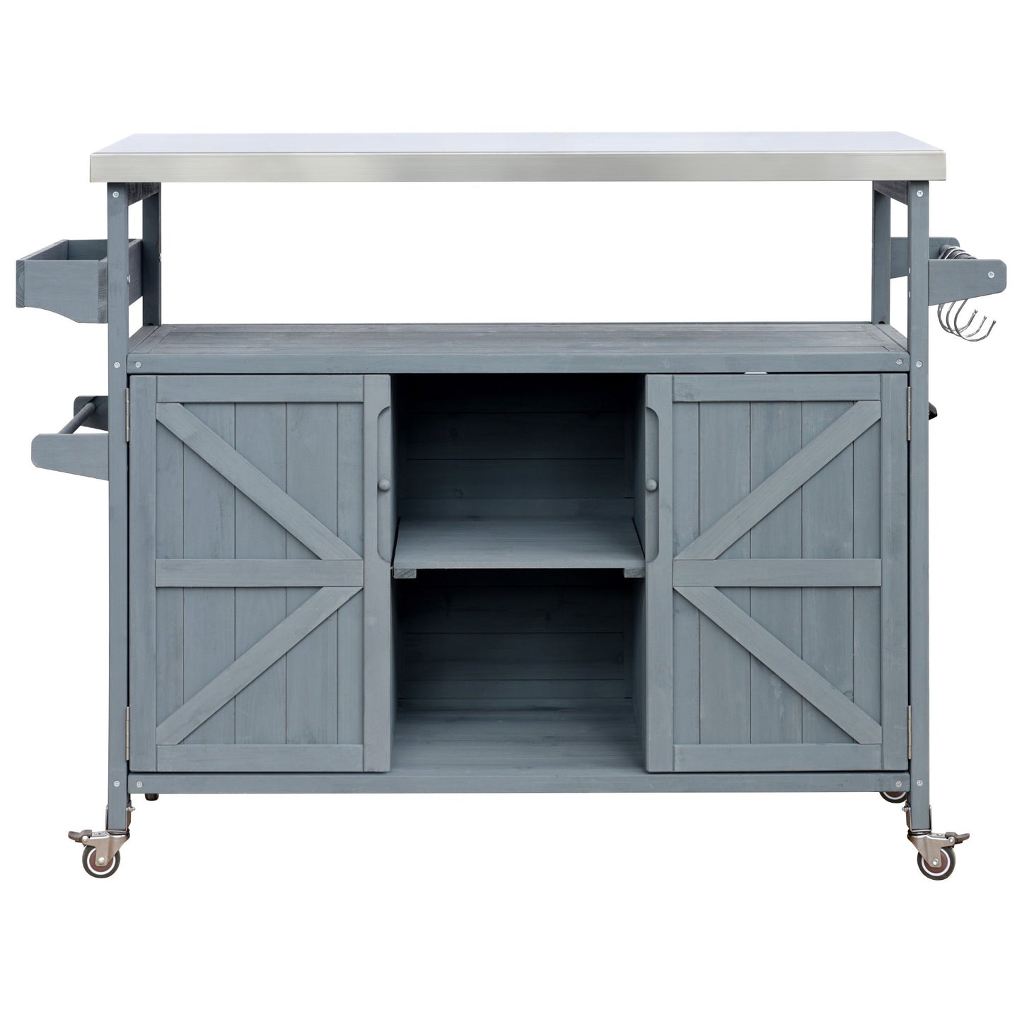 K&K Outdoor Kitchen Island rolling bar cart with storage, gray wood and stainless top on Tampa Home & Garden Store
