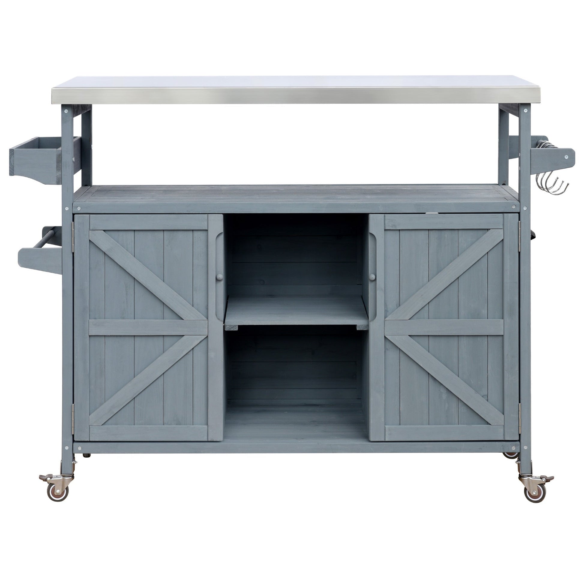K&K Outdoor Kitchen Island rolling bar cart with storage, gray wood and stainless top on Tampa Home & Garden Store