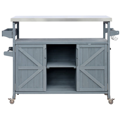K&K Outdoor Kitchen Island rolling bar cart with storage, gray wood and stainless top on Tampa Home & Garden Store